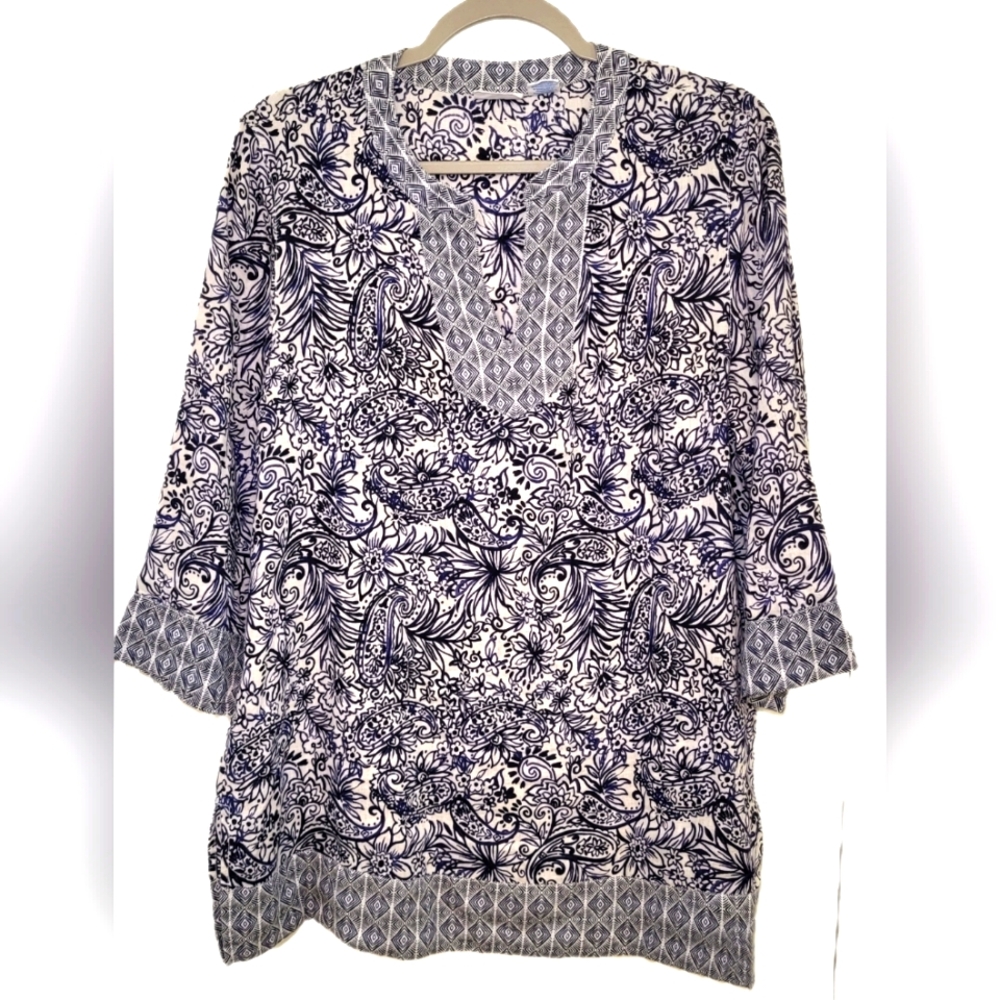 Sigrid Olsen 100% Linen Floral‎ & Paisley Tunic Top Blue White Women's Medium